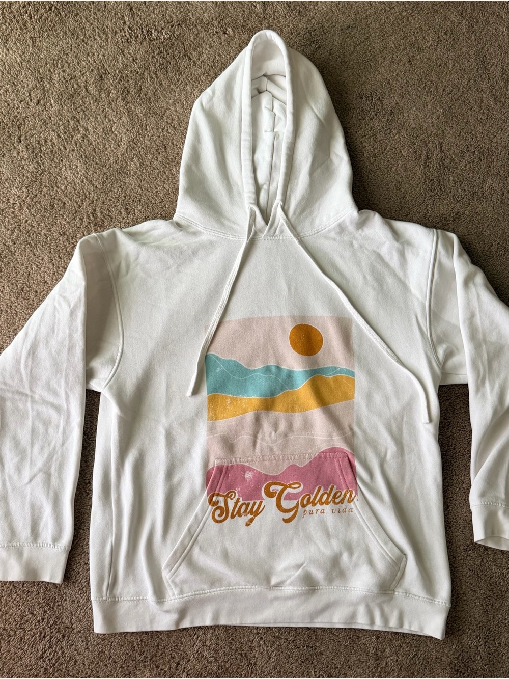 Pura Vida White Hoodie with Pink, Teal & Gold Graphic